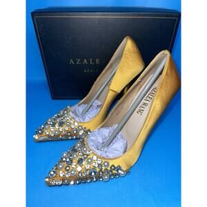 Azalea Wang Ameila Yellow Satin Rhinestone Pumps Womens Size 8.5